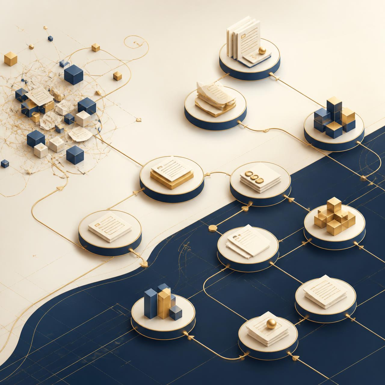 Illustration of scattered documents being organized into a connected system of workflow nodes — representing the transformation from operational chaos to organized business systems.
